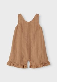 Bawełniany kombinezon w kolorze piaskowym z pionowymi paskami, szerokimi ramiączkami i falbaną u dołu, cechujący się luźnym, szerokim krojem.