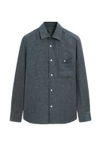 Long-sleeve shirt in dark blue textured fabric, featuring a button-up front, collar, and single chest pocket with a button detail.