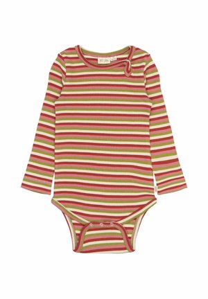 Pikad varrukad beebibody punastes, rohelistes ja beežides triipudes. Käterätiku ümar kaelus ja nööbid allosas. Pehme ribakudum.