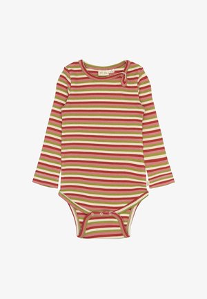 Bodysuit pour bébé à manches longues en rayures rouge, vert et beige. Il présente un col rond et des fermetures à pression en bas. Texture douce et côtelée.