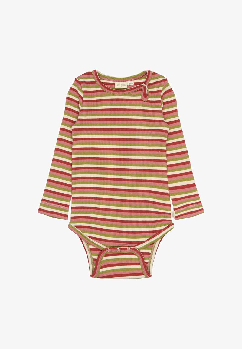 Bodysuit pour bébé à manches longues en rayures rouge, vert et beige. Il présente un col rond et des fermetures à pression en bas. Texture douce et côtelée.