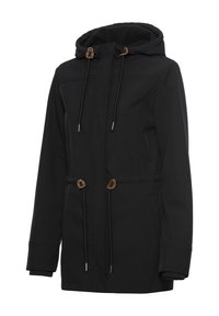 Black jacket with a hood, drawstring waist, and brown hardware accents. Features elastic cuffs and a smooth fabric texture.