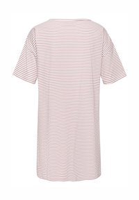 Ριγέ μπλούζα σε ανοιχτό ροζ και λευκό, με κοντά μανίκια, στρογγυλή λαιμόκοψη, άνετη εφαρμογή, μαλακή υφή, φτάνει μέχρι τους γοφούς.