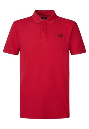Czerwona koszulka polo wykonana z bawełny, z kołnierzykiem, zapinana na trzy guziki, z małym logo na lewej piersi. Krótkie rękawy i gładki wzór.