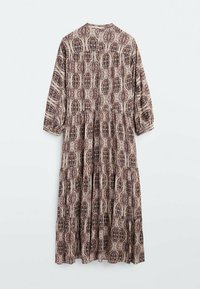 Robe midi florale à manches longues, présentant un design à motifs en marron doux, beige et tons sombres, taille froncée et jupe évasée.