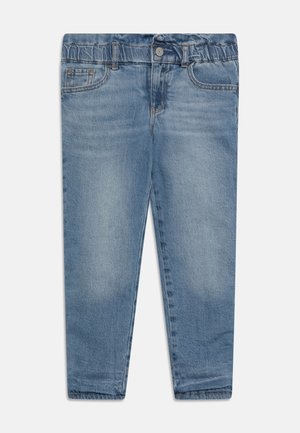 Jean en denim bleu avec une finition délavée, doté d'une taille élastique, design à cinq poches et détails cousus. Coupe régulière, jambe droite.