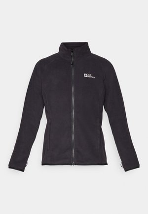 Black fleece jacket with a high collar, full zipper, and logo on the left chest; features long sleeves and elastic cuffs.
