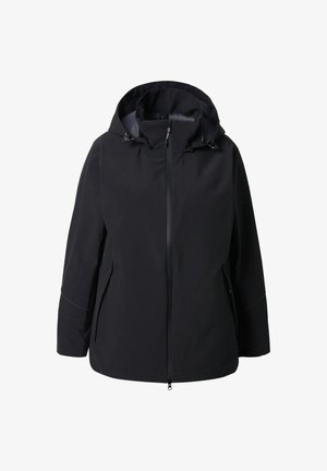 Schwarze wasserdichte Jacke mit Kapuze, Frontreißverschluss und zwei Seitentaschen. Glatte Textur mit subtilen Nahtdetails und lockerer Passform.