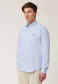Lichtblauwe overhemd met lange mouwen en knopen, voorzien van een gestructureerde kraag, met een klein marineblauw logo op de borst en subtiele verticale strepen.