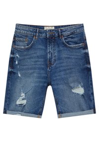Shorts in denim bluastro sbiadito con dettagli strappati, cinque tasche e risvolti. Realizzati in tessuto di cotone con una vita standard.
