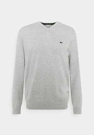 Pull gris clair à manches longues avec col en V, poignets et ourlet côtelés, avec un petit logo crocodile vert sur la poitrine gauche.