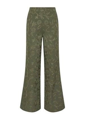 Pantalon large couleur vert olive avec taille haute et motif subtil de broderie florale et tourbillonnante sur l'ensemble du tissu.