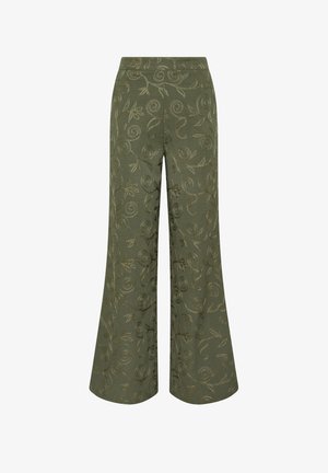 Pantalon large couleur vert olive avec taille haute et motif subtil de broderie florale et tourbillonnante sur l'ensemble du tissu.