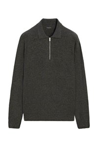 Maglione grigio scuro con colletto a zip, realizzato in tessuto a maglia testurizzato. Presenta maniche lunghe e orlo dritto.