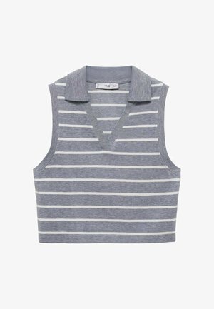 Top brez rokavov v sivo-belih črtah s ovratnikom in V-izrezom, ki ima teksturirano tkanino in skrajšano obliko.