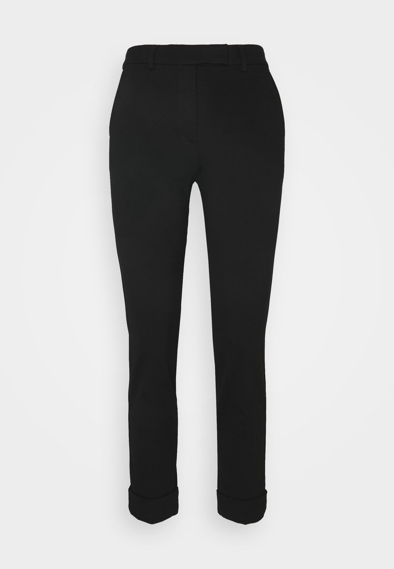 Pantalon noir slim avec passants de ceinture et ourlets repliés sur un fond blanc uni.