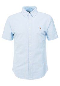 Ljusblå kortärmad skjorta med knappar i bomull, med en klassisk krage, framknappar och en liten broderad logotyp på bröstet.