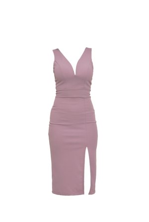 Aansluitende mouwloze jurk van zachte lavendelkleurige stof. Voorzien van een diepe V-halslijn en een hoge split tot op de dij voor extra detail.