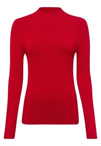 Czerwony sweter z długim rękawem i wysokim kołnierzem. Posiada dopasowany krój oraz gładką fakturę. Bez widocznych wzorów lub akcentów.