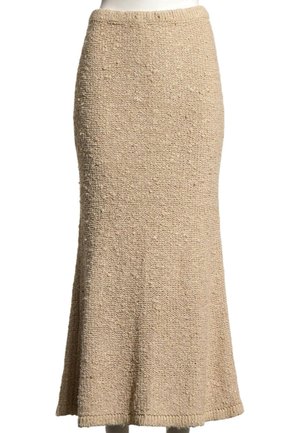 Jupe midi beige en maille avec un ourlet droit légèrement évasé et une ceinture côtelée, présentée sur fond blanc.