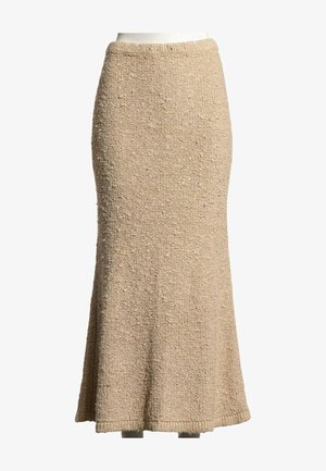 Jupe midi beige en maille avec un ourlet droit légèrement évasé et une ceinture côtelée, présentée sur fond blanc.