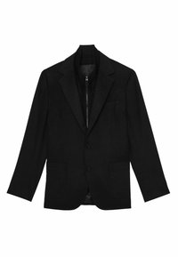 Sort blazer med en glat tekstur, enkeltknap lukning, notched revers, to forlommer og en lynlåslommer indvendigt.