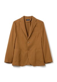 Blazer in cotone marrone con due tasche frontali, bavero a revers e due bottoni. Design semplice senza motivi o decorazioni.