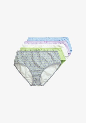 Fünf Baumwollslips für Damen in Pastellblau, Lavendel, Weiß, Hellgrün und Grau mit Muster, jeweils mit einer kleinen Schleife in der Mitte des Bunds.