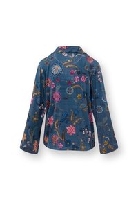 Blue fabric long-sleeve shirt featuring colorful floral embroidery, a collar, and a relaxed fit, with bell-shaped sleeves and a textured finish.