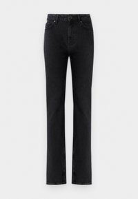 Black high-waist straight-leg jeans with front pockets, belt loops, button closure, and zip fly on a white background.