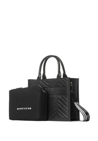 Borsa tote nera con design a zig zag trapuntato, due manici e una pochette nera rimovibile con logo bianco e tracolla a righe.