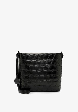 Schwarze Leder-Crossbody-Tasche mit gesteppter Textur, runden Nietenakzenten und verstellbarem Schultergurt. Kompakte quadratische Form.