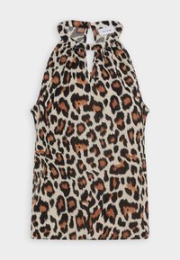 Top senza maniche con colletto alto, caratterizzato da un motivo leopardato in nero, marrone e beige. Include un'apertura a forma di chiave sul retro.