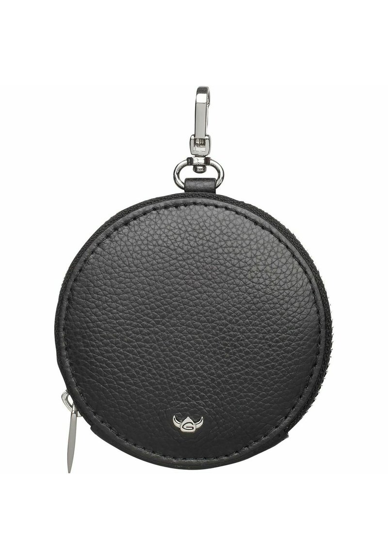 Porte-monnaie rond en cuir noir avec texture visible, fermeture à glissière, clip en métal et un petit logo à l'avant. Design durable et compact.
