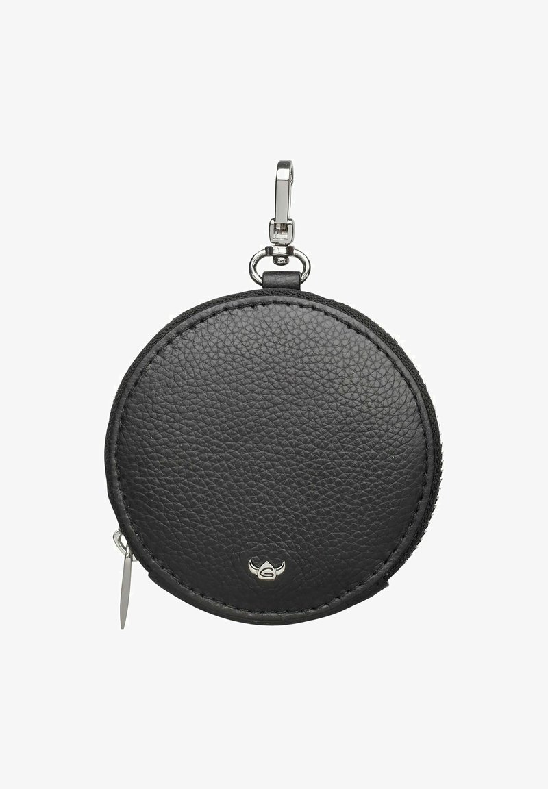 Porte-monnaie rond en cuir noir avec texture visible, fermeture à glissière, clip en métal et un petit logo à l'avant. Design durable et compact.