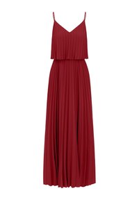 Robe maxi rouge plissée sans manches avec fines bretelles réglables et encolure en V, présentant un corsage à couches et une jupe fluide.