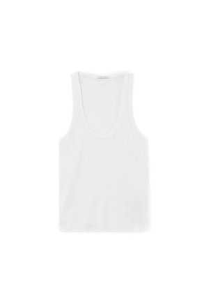 Débardeur en coton blanc avec un décolleté en plongée, une coupe ajustée et une texture côtelée. Aucun motif ni matériel supplémentaire visible.