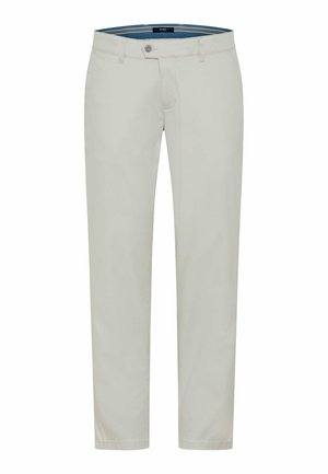 Helle beige Herren-Freizeithose mit vorderem Knopf, Reißverschluss, Gürtelschlaufen und geradem Bein.