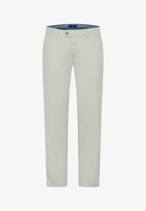 Helle beige Herren-Freizeithose mit vorderem Knopf, Reißverschluss, Gürtelschlaufen und geradem Bein.