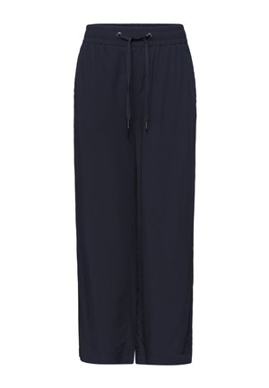 Pantalon large bleu marine pour femme avec ceinture élastique et cordon ajustable à l'avant.