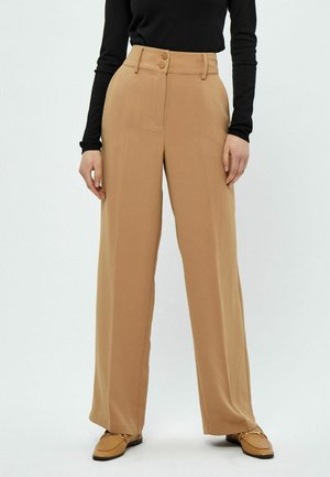 Light brown wide-leg trousers with a high waist, featuring two front buttons, a smooth texture, and pleated details.