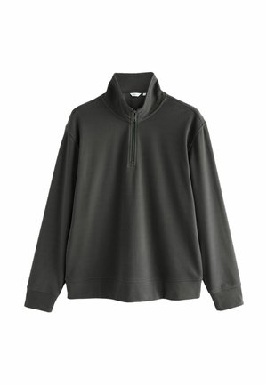 Dunkelgrüner Pullover-Sweatshirt aus weichem Stoff, mit einem Halbreißverschluss am Kragen, langen Ärmeln und einer lockeren Passform mit gerippten Bündchen und Saum.