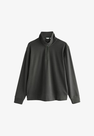 Dark green pullover sweatshirt, made of soft fabric, features a half-zip collar, long sleeves, and a relaxed fit with ribbed cuffs and hem.