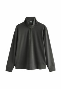 Pulover de culoare verde închis, cu guler înalt și fermoar până la jumătate. Fabricat dintr-un material neted, are mâneci lungi și o croială relaxată.