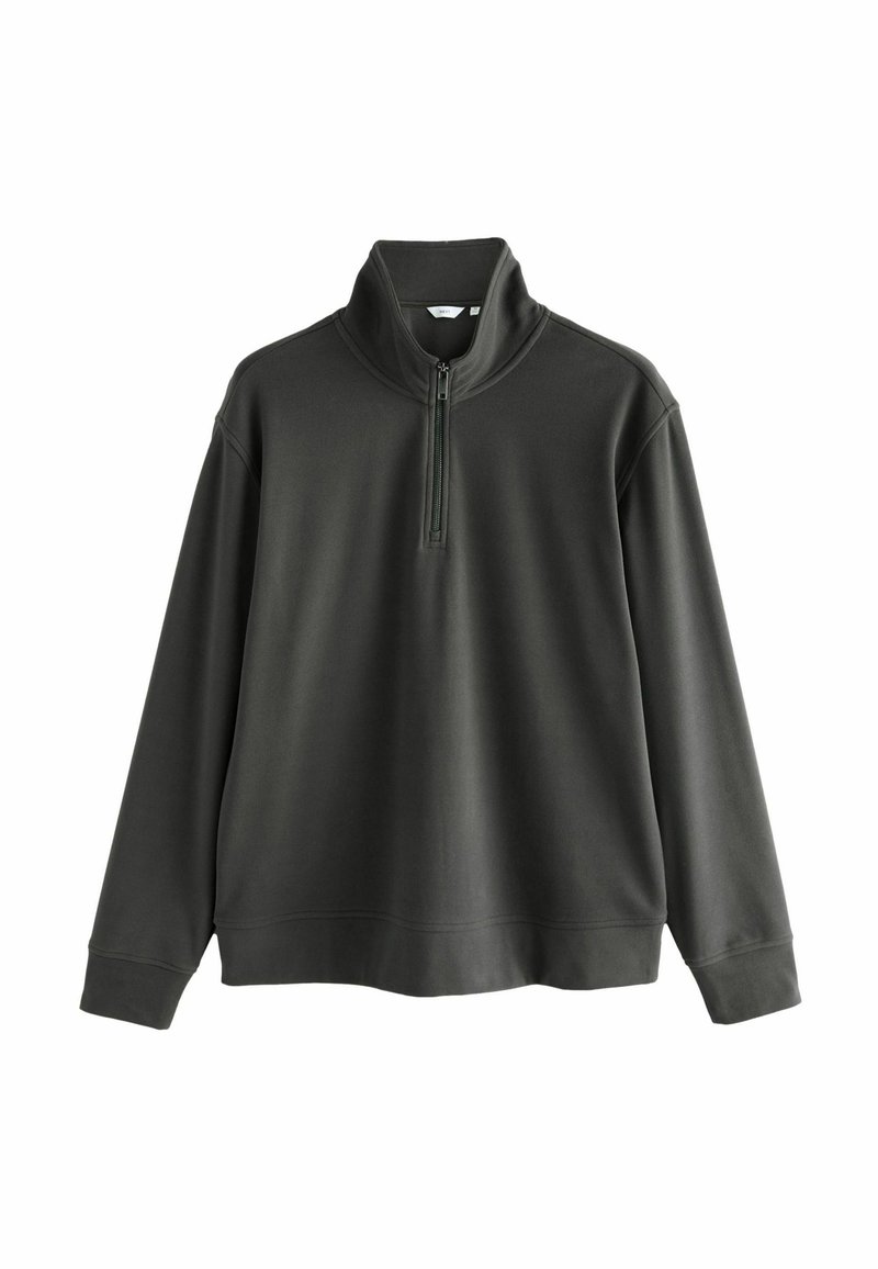 Pulover de culoare verde închis, cu guler înalt și fermoar până la jumătate. Fabricat dintr-un material neted, are mâneci lungi și o croială relaxată.