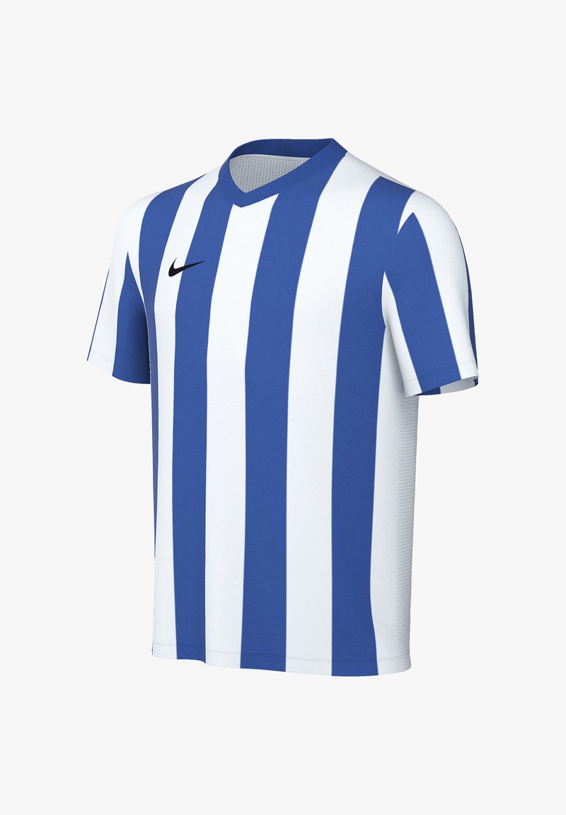 Blauw-wit gestreept, sportief T-shirt met korte mouwen, een V-hals en een zwart Nike-logo op de borst.