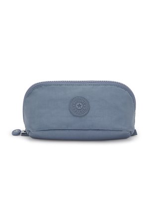 Blue nylon pencil case with a zip closure, round logo, and small side tag. Smooth texture, rectangular shape, and minimalistic design.