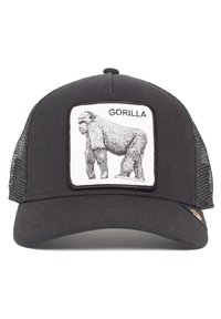 Gorra de camionero negra con una parte trasera de malla, que presenta un parche rectangular con un boceto de un gorila y el texto "GORILA" arriba.