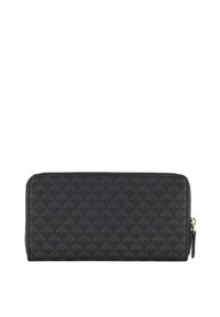 Cartera negra con una superficie texturizada y un sutil patrón de triángulos por toda la superficie, cierre con cremallera, y acentos de hardware en tono plateado.