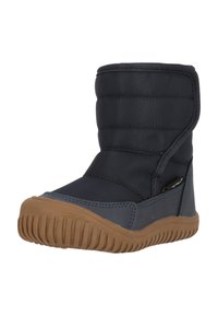 Botte d'hiver matelassée de couleur marine avec une semelle en caoutchouc texturé, un bout rond, une fermeture éclair sur le côté et un col rembourré pour la chaleur et le confort.